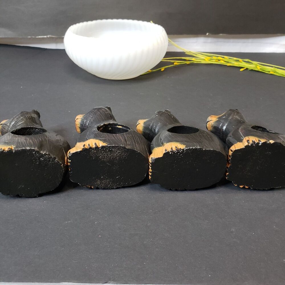 Farmhouse Primitive Hand Carved Wooden Black Bear Napkin Holders Rings Set of 4 - Picture 7 of 9